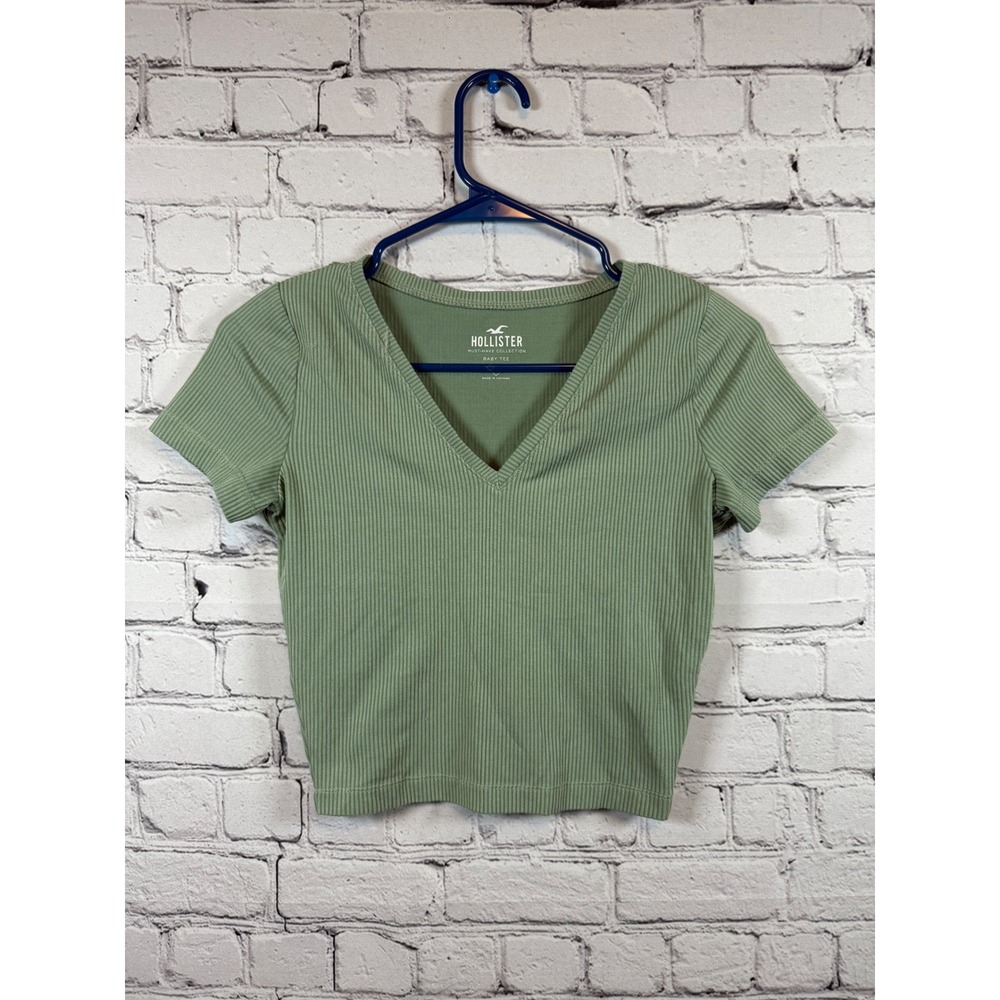 Hollister Baby Tee V-Neck‎ Ribbed Crop Top Olive Green T-Shirt XS